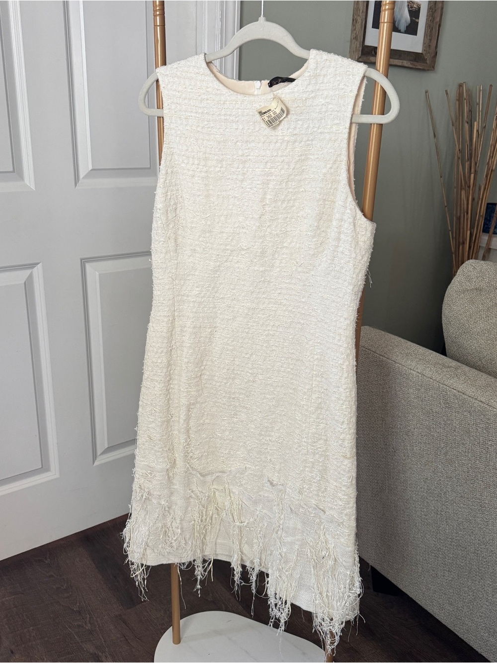 Ports 1961 Cream Fringe-Trim Sleeveless Midi Dress